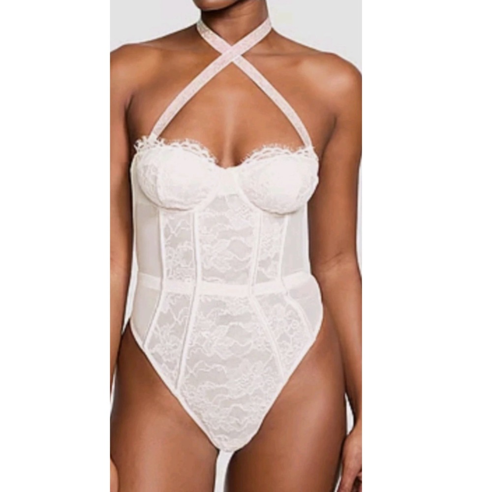Victoria's Secret Very Sexy Sheer Lace Shine Strap Halter Teddy White XL NWT